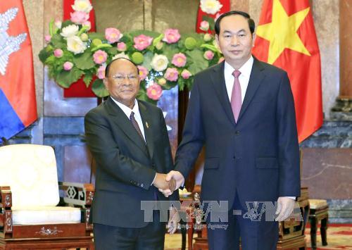Chủ tịch Nước Trần Đại Quang tiếp Chủ tịch Quốc hội Campuchia Samdech Heng Samrin. Ảnh: TTXVN