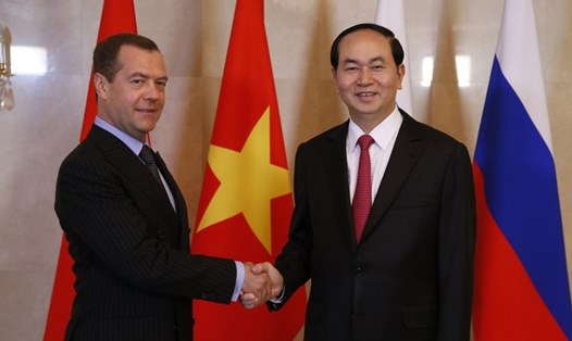 Chủ tịch nước Trần Đại Quang hội kiến Thủ tướng Chính phủ Liên Nga D. Medvedev. Ảnh: R.G