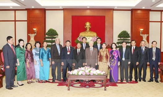 Tổng Bí thư Nguyễn Phú Trọng tiếp Chủ tịch Quốc hội Campuchia Heng Samrin thăm hữu nghị chính thức Việt Nam hồi tháng 6.2017. Ảnh: TTXVN