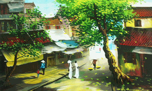 Cây trong một mẫu tranh vẽ về phố cổ Hà Nội. 