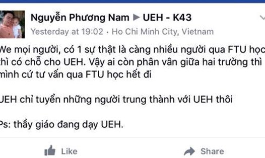 "Thầy" Nguyễn Phương Nam viết trên nhóm UEH-K43. Ảnh V.T