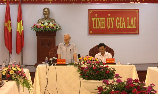 Tổng Bí thư Nguyễn Phú Trọng làm việc tại Gia Lai ngày 13.4. Ảnh ĐÌNH VĂN