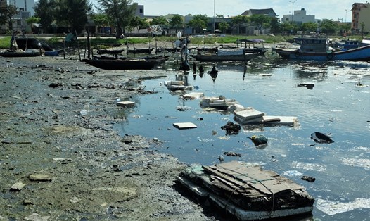 Rác thải dân sinh, bùn đen bốc mùi hôi thối là thực trạng ô nhiễm đang diễn ra tại âu thuyền và cảng cá Thọ Quang. Ảnh: Mỹ Linh