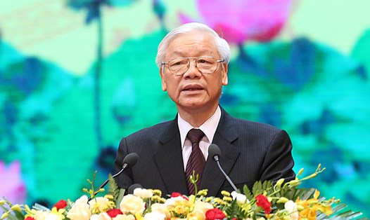 Tổng Bí thư Nguyễn Phú Trọng đọc diễn văn tại Lễ kỷ niệm. Ảnh: Hải Nguyễn