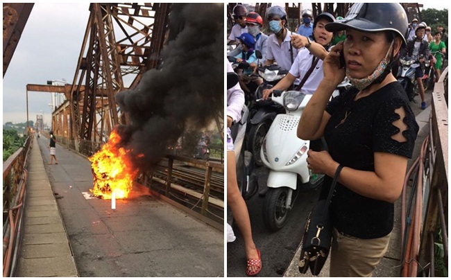 Xe tay ga bốc cháy dữ dội trên cầu Long Biên.  Ảnh: Hải Bé