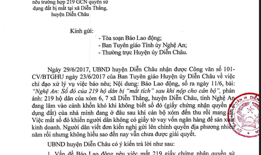UBND Huyện Diễn Châu trả lời vấn đề báo nêu (ảnh chụp màn hình)