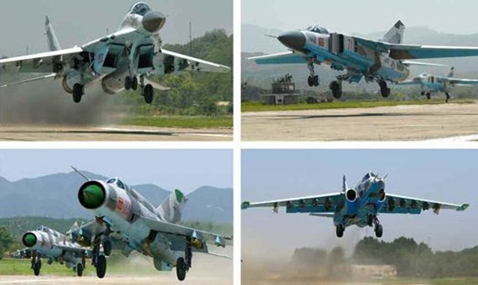 MiG-29 (trên, trái), MiG-23 (trên, phải), MiG-21 (dưới, trái) và Sukhoi Su-25 Frogfoot (dưới, phải) tham gia cuộc thi. (Ảnh: Rodong Sinmun)