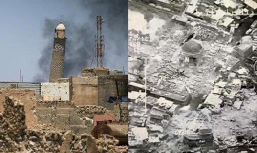 Thánh đường Hồi giáo Grand al-Nuri và tòa tháp biểu tượng trước và sau khi bị phá hủy hoàn toàn ngày 21.6.2017. Ảnh: Reuters
