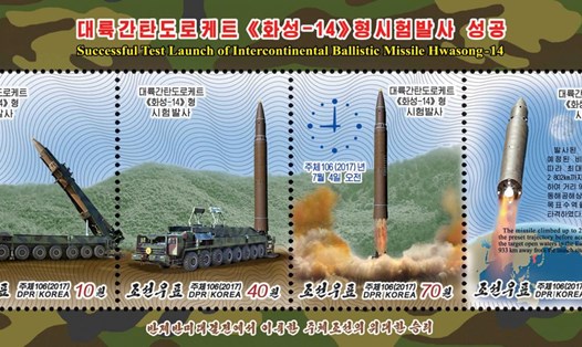 Tem mới của Triều Tiên kỷ niệm vụ thử thành công tên lửa xuyên lục địa Hoả Tinh 14. Ảnh do KCNA công bố ngày 8.8.2017