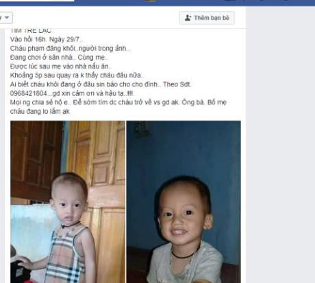 Hình ảnh bé Khôi và thông tin về việc bé mất tích trên mạng xã hội.