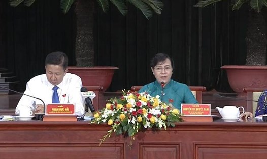 Bà Nguyễn Thị Quyết Tâm - Chủ tịch HĐND TPHCM phát biểu về vấn đề lập lại trật tự lòng, lề đường tại phiên họp HĐND ngày 5.7 - Ảnh:CTV