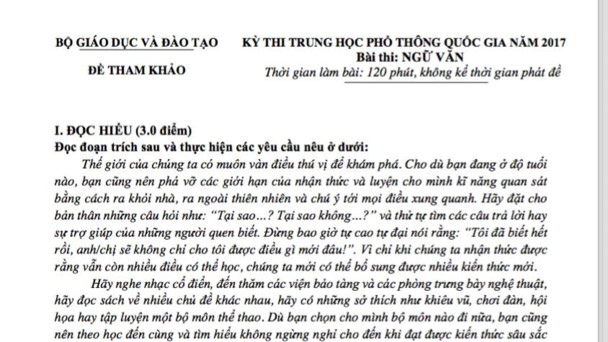 Bộ GDĐT vừa công bố đề thi tham khảo môn Ngữ văn THPT quốc gia năm 2017. Ảnh: Huyên Nguyễn