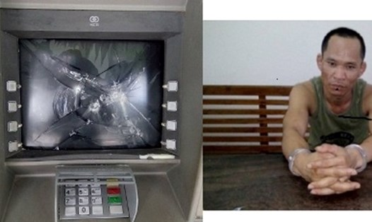 Đối tượng Thanh bị bắt giữ sau khi đập hỏng cột ATM và cửa kính của siêu thị điện thoại Thế giới di động tại thị xã Hồng Lĩnh. Ảnh: Công an Hồng Lĩnh