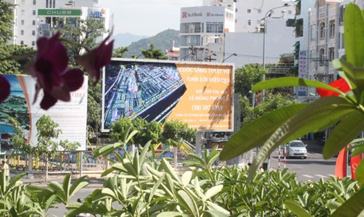 Không có sổ đỏ, nhưng Công ty Bất động sản Hà Quang vẫn đặt bảng quảng cáo đất nền tại dự án Lê Hồng Phong II. Ảnh: NHIỆT BĂNG