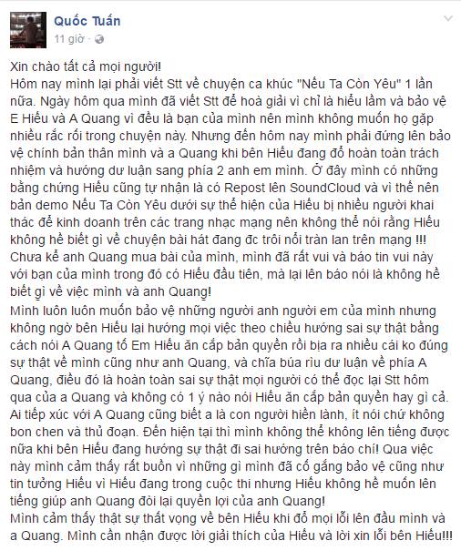 Nhạc sĩ Quốc Tuấn bày tỏ thất vọng về cách ứng xử của Lê Thiện Hiếu